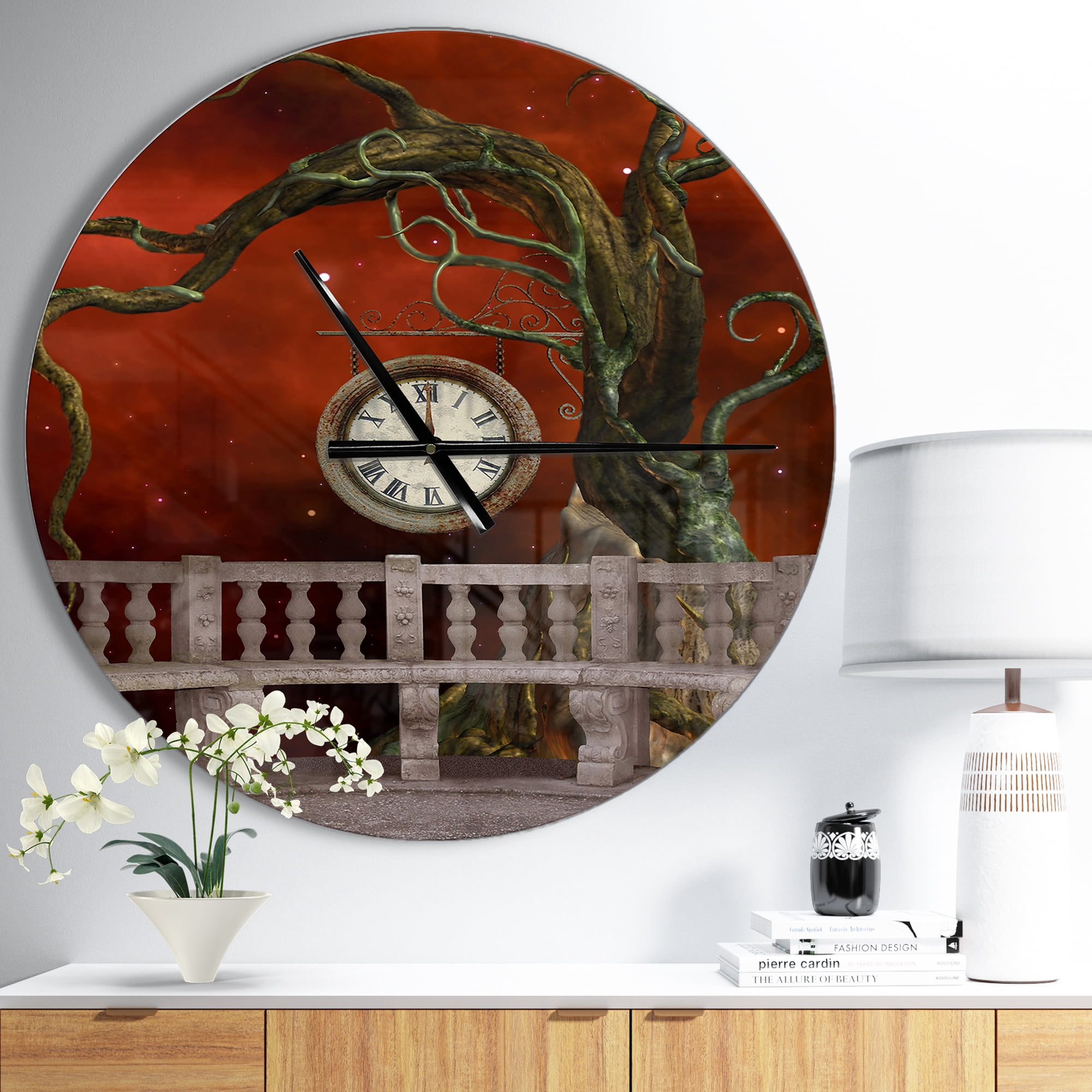 Designart 'Balcony with Clock and Tree Angels ' Vintage wall clock