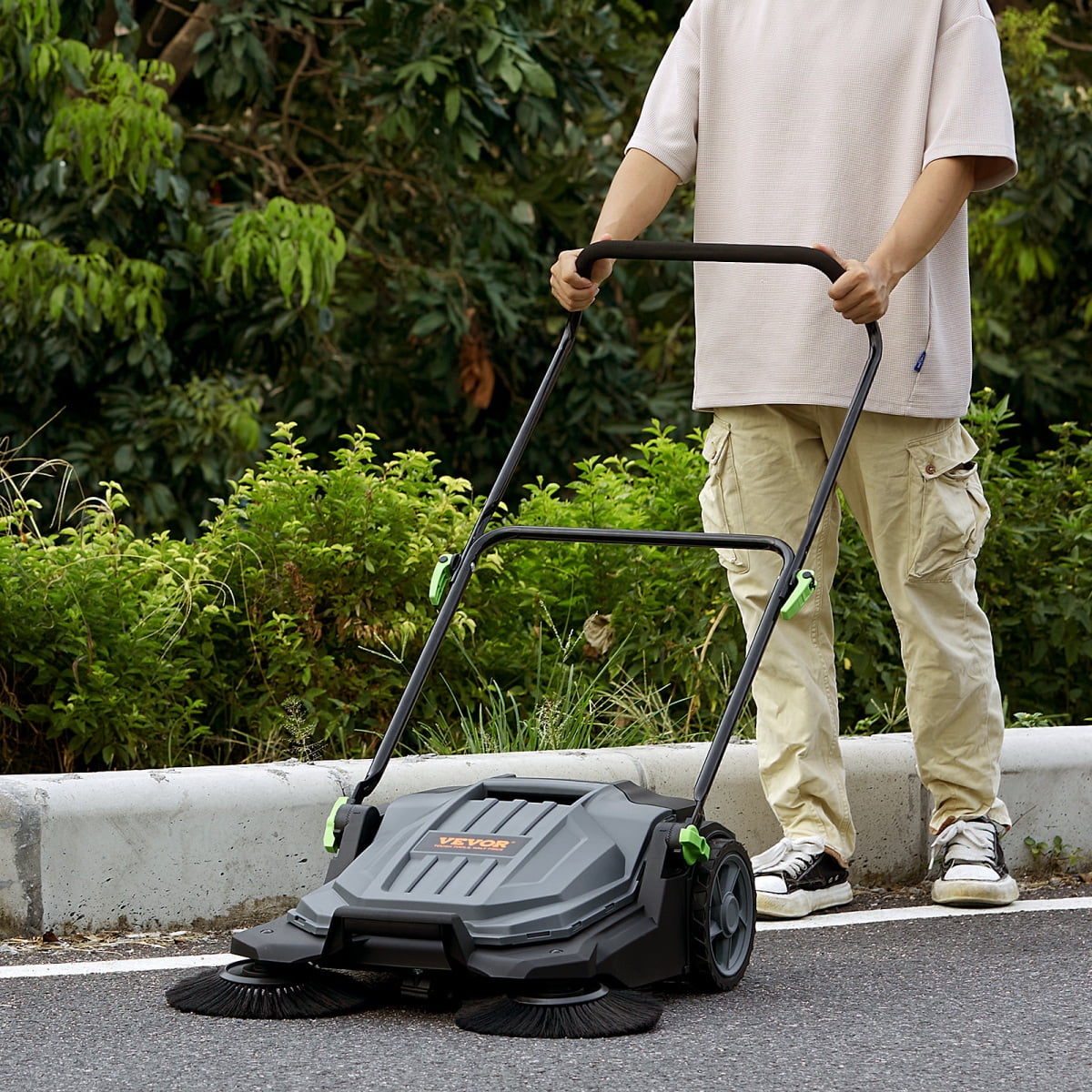 25.6" Walk-behind Hand Push Floor Sweeper - 5-Gallon Waste Container, Adjustable Folding Handle for Walkway Yard Garage Patio