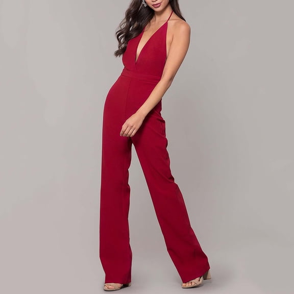 KIHOUT Women's Halter Neck Deep V-Neck Jumpsuit Sleeveless Backless Wide Leg Formal Blouse for Party Evening Wear