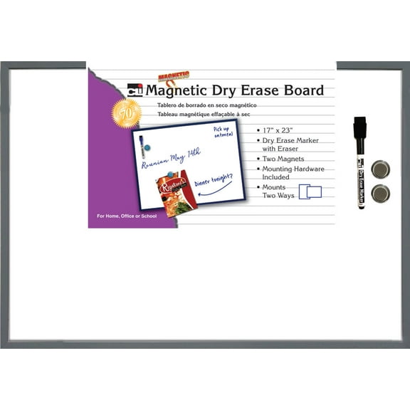 Charles Leonard, Inc. Dry Erase Magnetic Board, 17" x 23", with Eraser/Marker and 2 Magnets, Gray Frame, Sold as Set of 3 Each (35375-3)