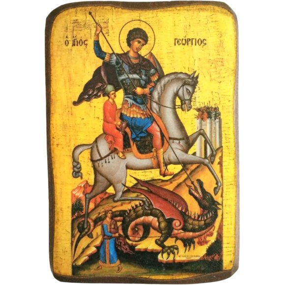 Icône en Bois Grecque Chrétienne Orthodoxe de Saint George à Cheval et Tuant la Bête / A0