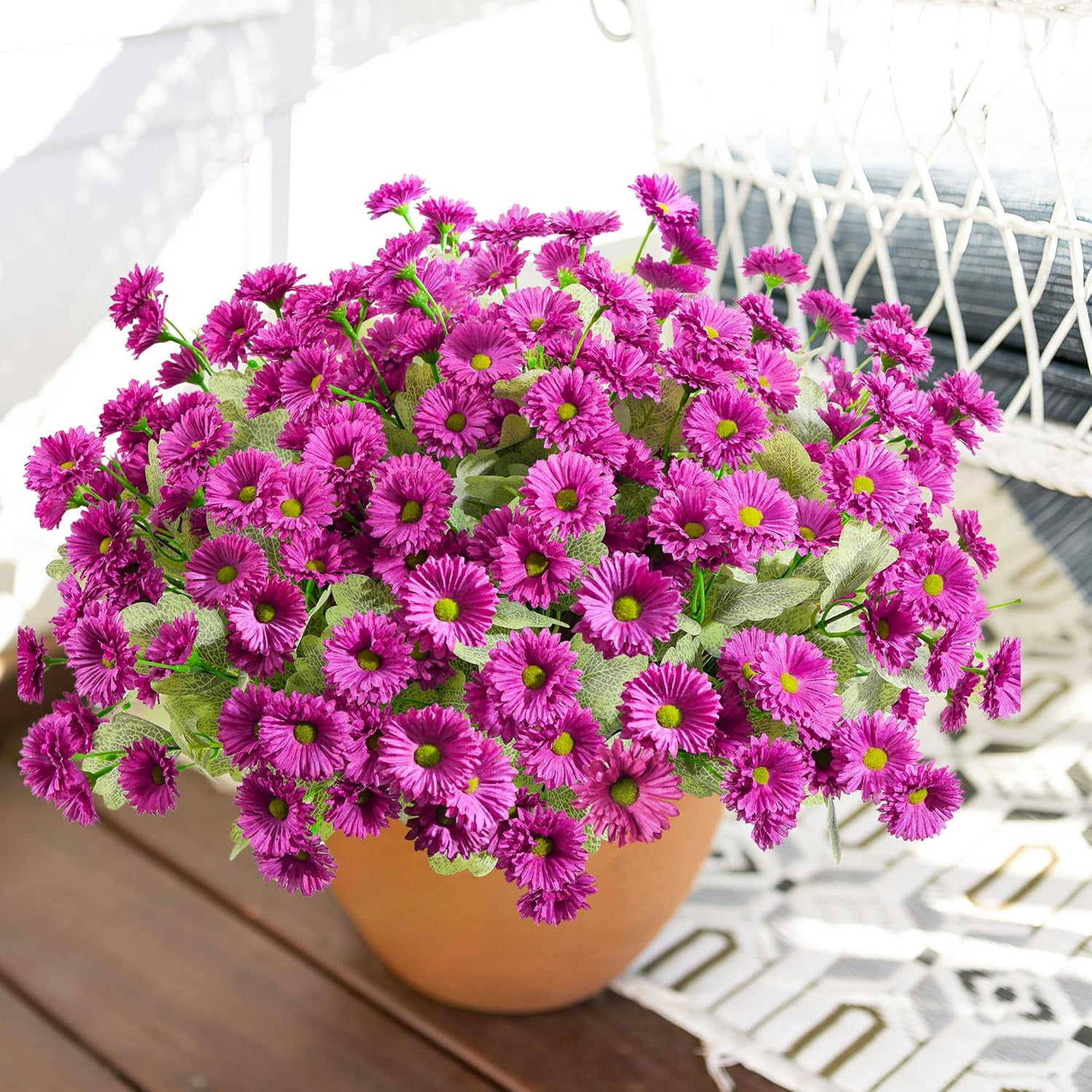 Artificial Flowers for Outdoors Spring Summer Outside Decor, 6 Bundles Fake Daisy Wild Silk Flowers UV Resistant Outdoor Faux Plants for Planter Front Door Porch Balcony Yard, Fuchsia