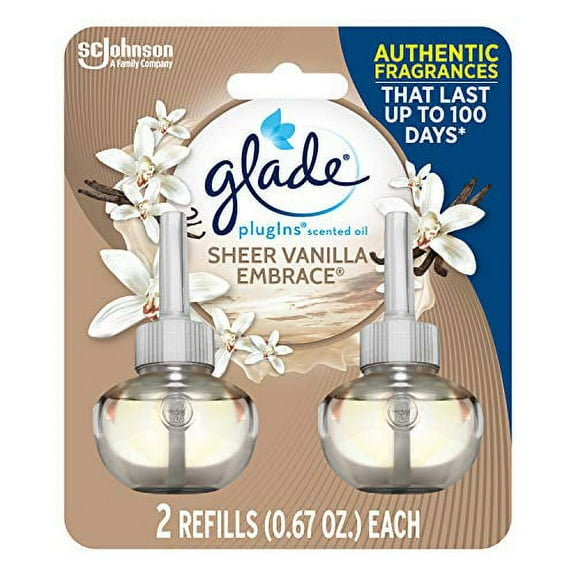 Glade PlugIns Refills Air Freshener, Scented and Essential Oils for Home and Bathroom, Sheer Vanilla Embrace, 1.34 Oz, 2 Count(Pack of 1)
