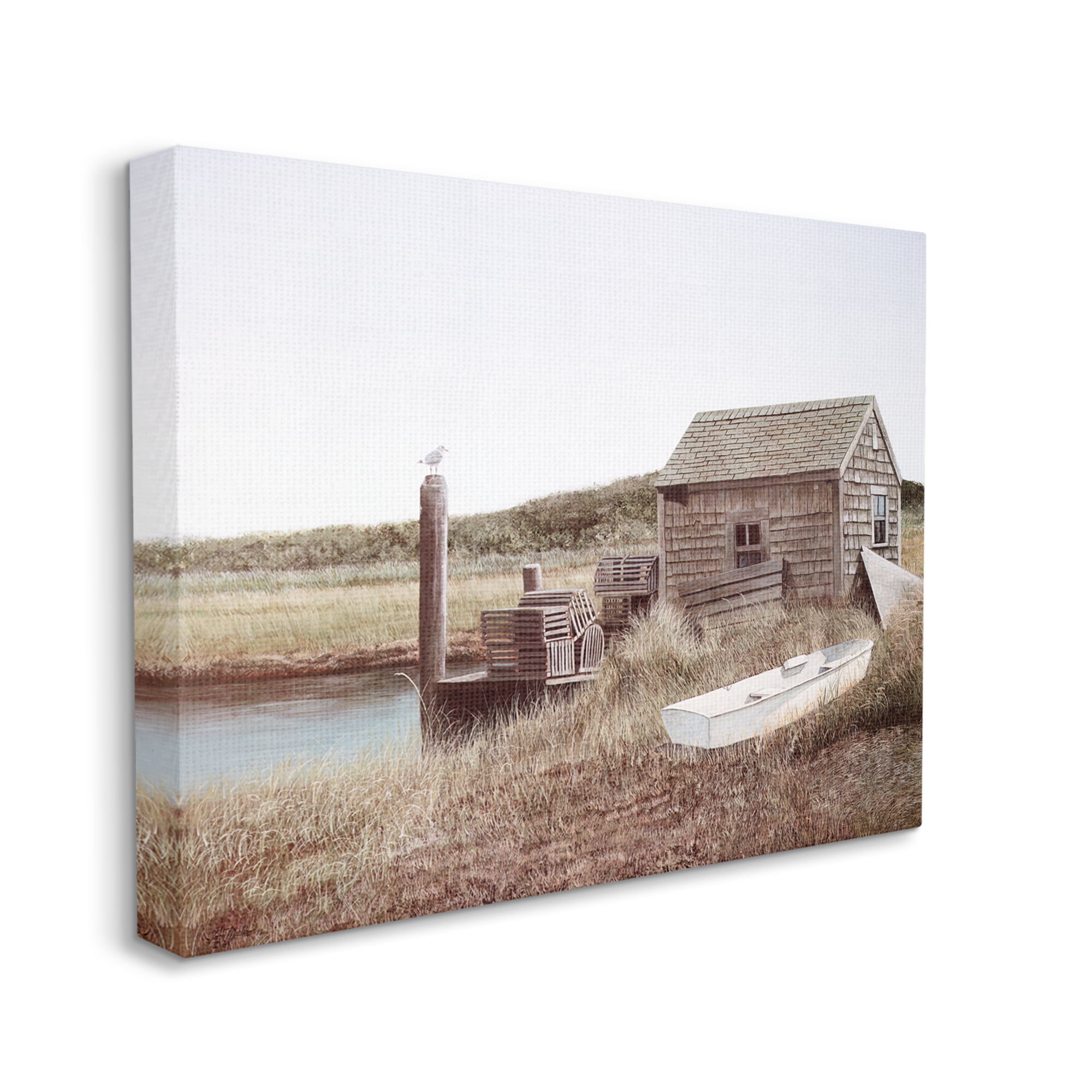 Stupell Industries Rural Seaside Cabin Seagull Perched Canoe Boat Painting Gallery Wrapped Canvas Print Wall Art, Design by Tom Mielko