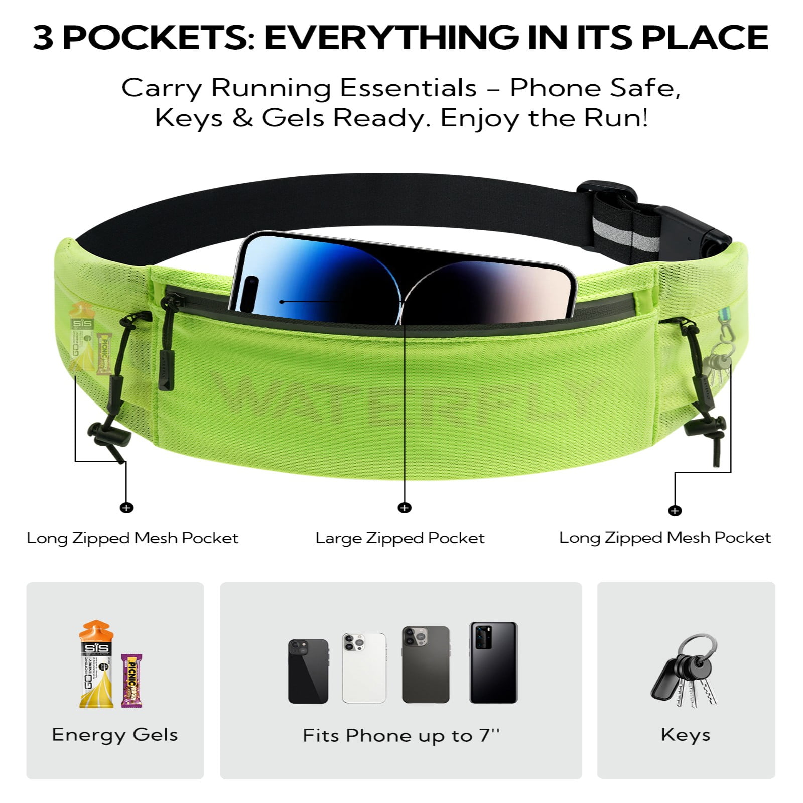 WATERFLY Unisex Adjustable Sports Jogging Fitness Nylon Running Waist Belt Elastic Band,Fluorescent Green