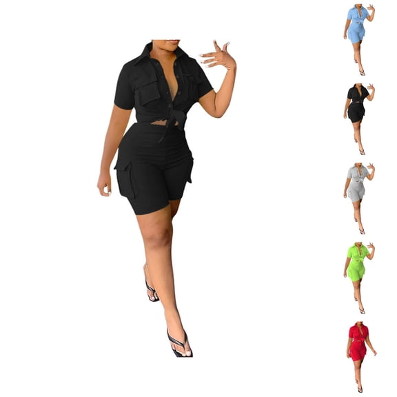 Short Sets for Women Slim Fit Short Sleeve Button Down Collared Shirt and Shorts 2 Piece Matching Set Work Sets