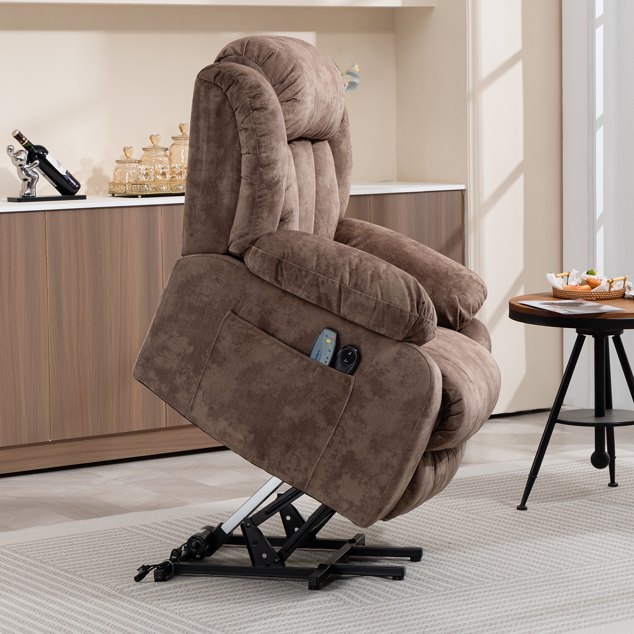 Power Lift Recliner Chair with Heat and Vibration Massage, UHOMEPRO Modern Fabric Elderly Electric Reclining Sofa with Remote Control and Side Pockets for Living Room Home Theater, Light Brown