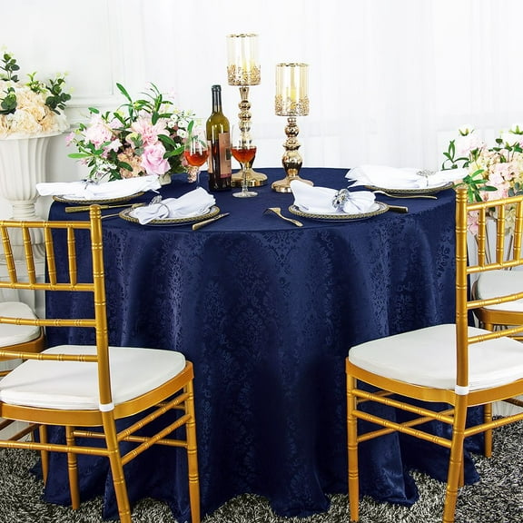 Wedding Linens Inc. 90" Round Marquis Damask Jacquard Polyester Linen Tablecloth Table Covers with Seamless Design - Navy Blue