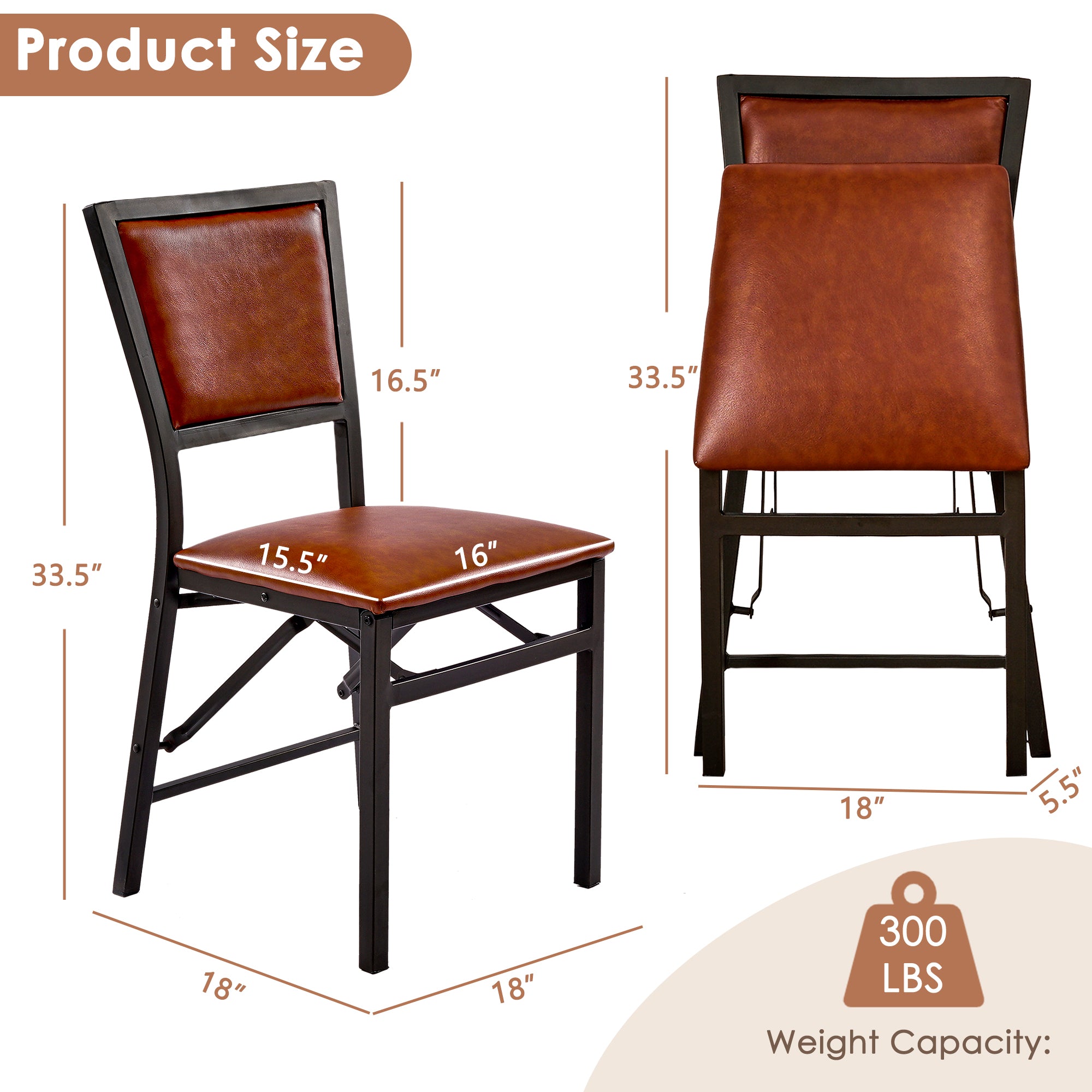 VECELO Set of 6 Metal Folding Chairs, High Back PU Upholstered Dining Chairs with Metal Frame, Modern Style Folding Chairs for Kitchen, Dining Room, Space Saving Design, Brown