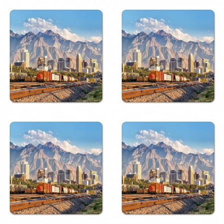 

Landscape Coaster Set of 4 Downtown Salt Lake City Skyline in Utah USA Railroads Mountains Buildings Urban Square Hardboard Gloss Coasters Standard Size Multicolor by Ambesonne