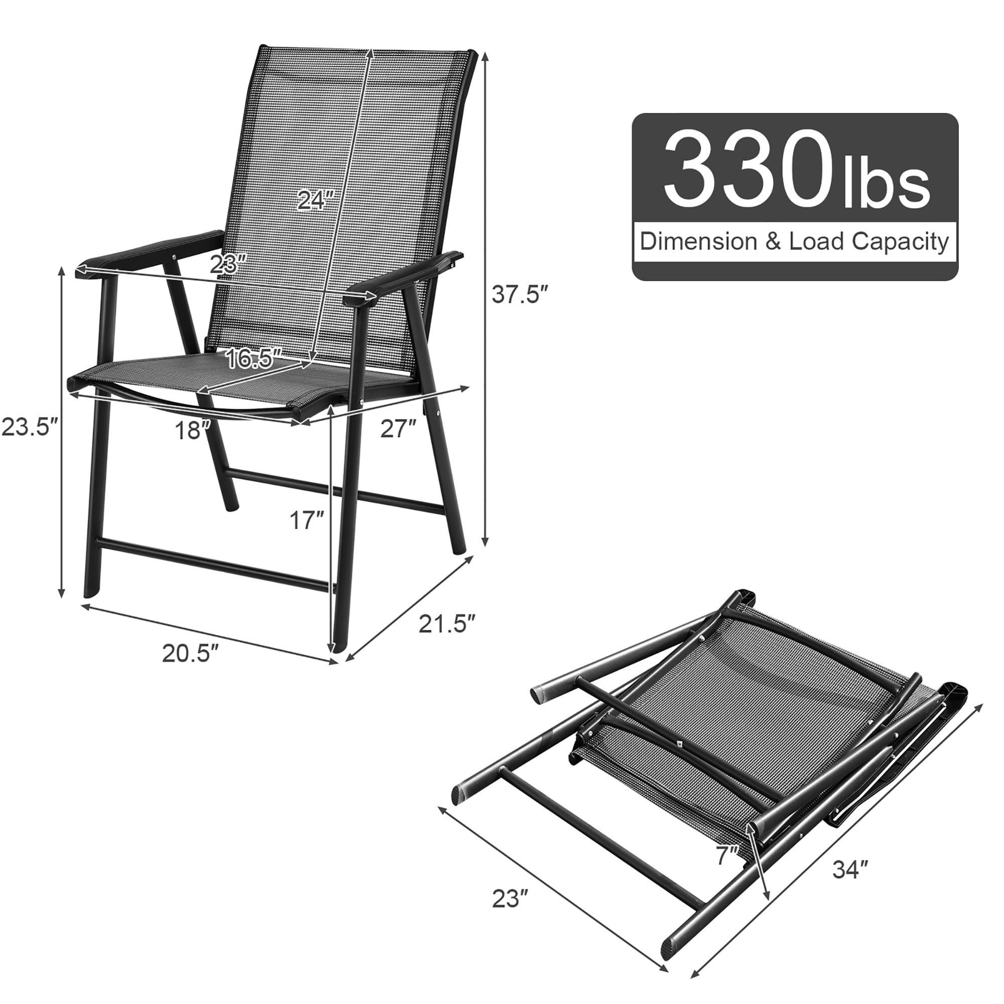 Gymax 2PCS Folding Chairs Steel Frame Patio Garden Outdoor w/ Armrest & Footrest