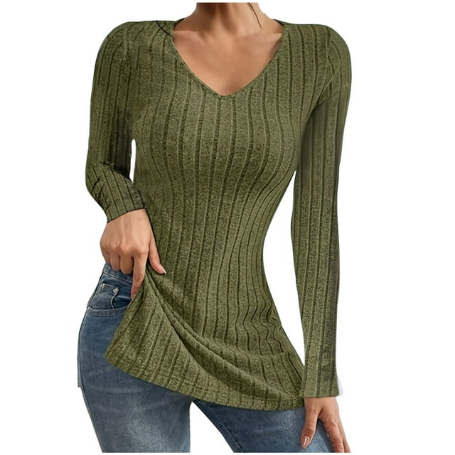 lcziwo Women Casual V Neck Tops Ribbed Knit Sweaters Solid Color Basic Tee Shirts Long Sleeve Side Slit Pullover 2024 Fall Tunic Blouse Todays Daily Deals Army Green,L