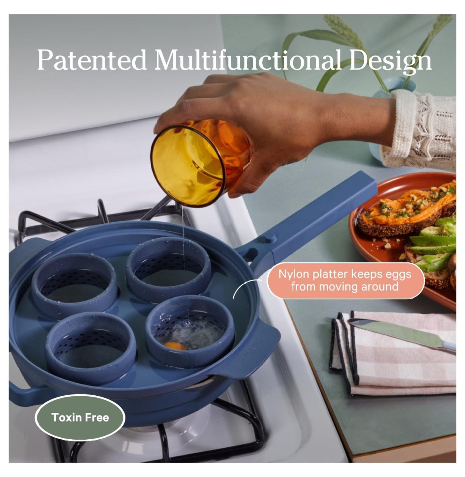 Silicone Egg Poacher Add-On - Easy-Use Poaching Set | Fail-Proof Water Bath Design | Includes Sturdy Nylon Platter & Perforated Cups | BPA-Free, Dishwasher Safe | Char