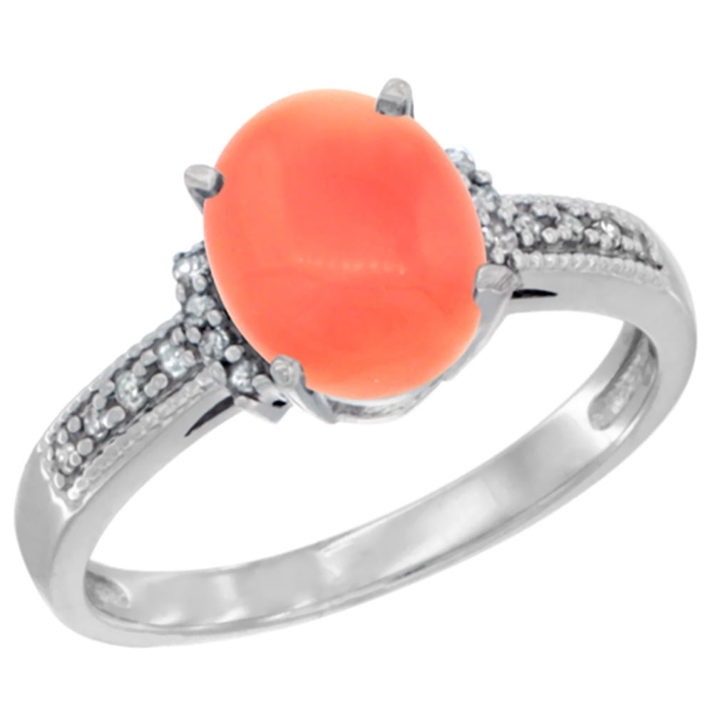 10K White Gold Natural Coral Ring Oval 9x7 mm Diamond Accent, sizes 5 10 by WorldJewels