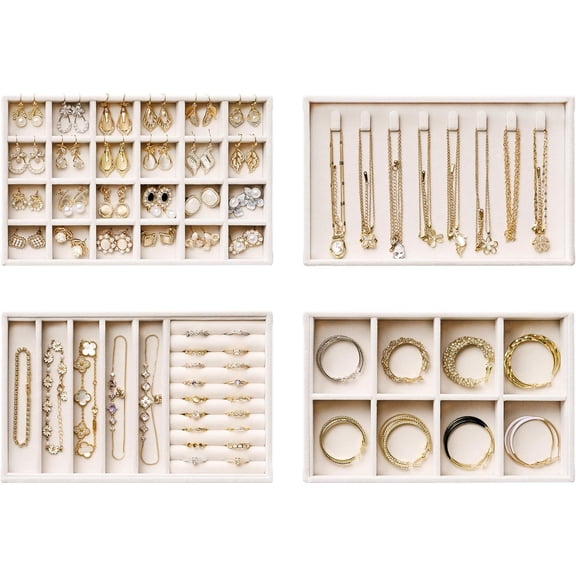 Large Jewelry Organizers and Storage, 4-Layer Stackable Jewelry Tray Inserts Set, Beige Jewelry Tray Set, Earring Organizer, Rings, Necklaces, Bracelets with Removable Dividers for Dresser & Vanity