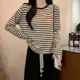 thumbnail image 2 of Camiseta de manga larga a rayas de algodón puro de principios de otoño, ropa para mujer, top informal ajustado con cuello redondo y bordado de letras, 2 of 4