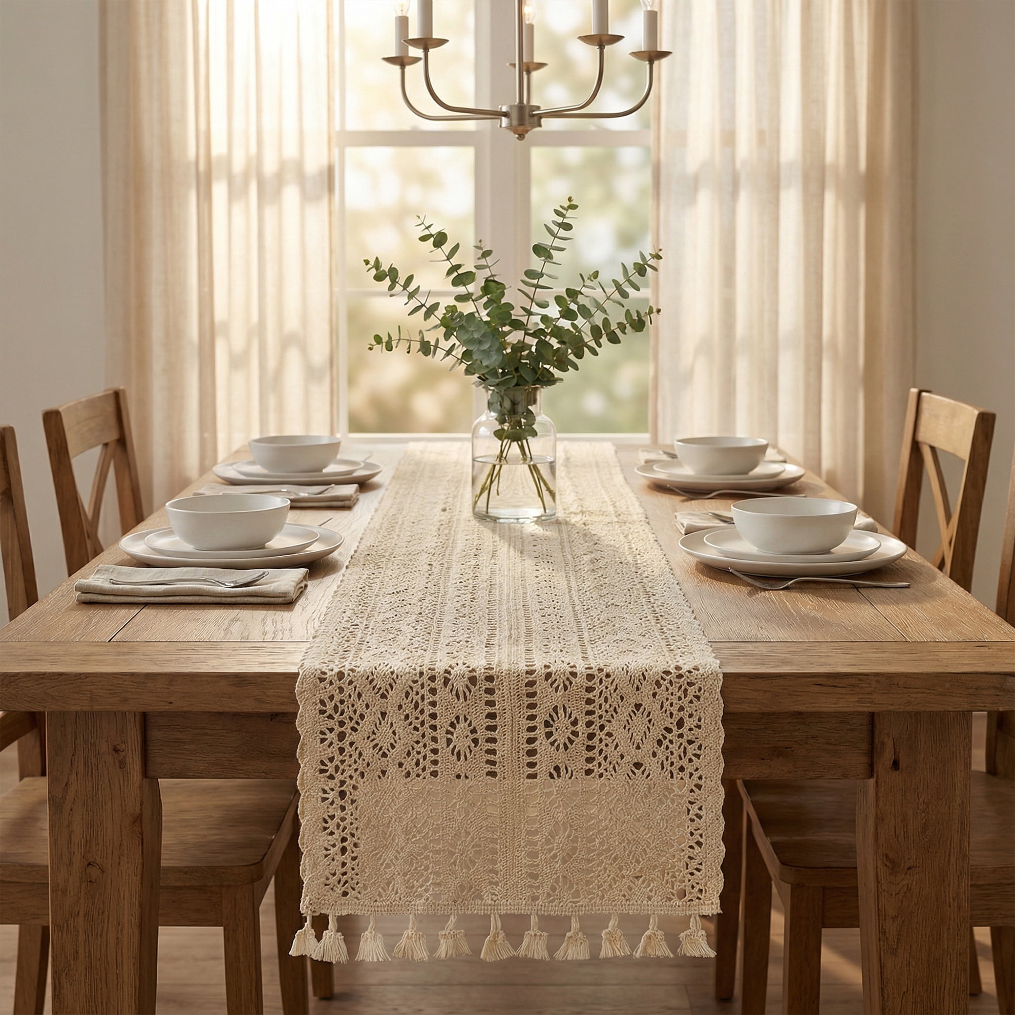 Unique Bargains Long Washable Cotton Kitchen Runner with Tassel Beige 70.9in