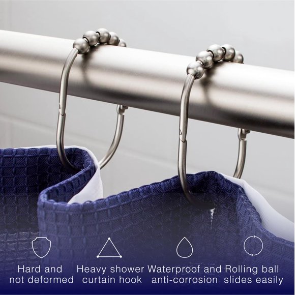 2LB Depot Ensemble de Crochets pour Rideau de Douche Grand, Finition Nickel Satiné Décoratif, Rouleaux à Glissement Facile, 100 % Acier Inoxydable Antirouille, Ensemble de 12 Anneaux pour Tringles de Douche