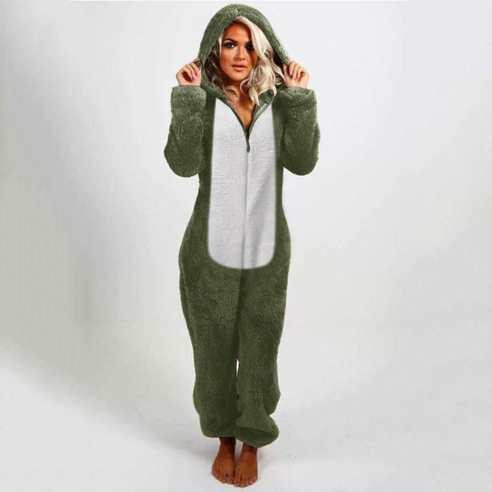 BiZtdJrK Jumpsuits for Women Dressy Casual Hooded Pajamas Trendy Color Block One Piece Sleepwear Winter Comfy Warm Jumpsuit Loungewear, Army Green, XXXXL
