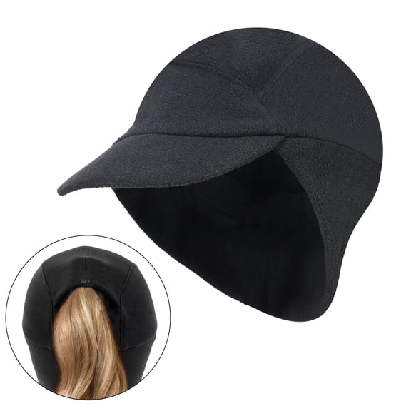 KANCOKIT 1Pack Winter Fleece Ponytail Hat with Ear Warmer & Brim Warm Workouts Cap for Hiking, Black