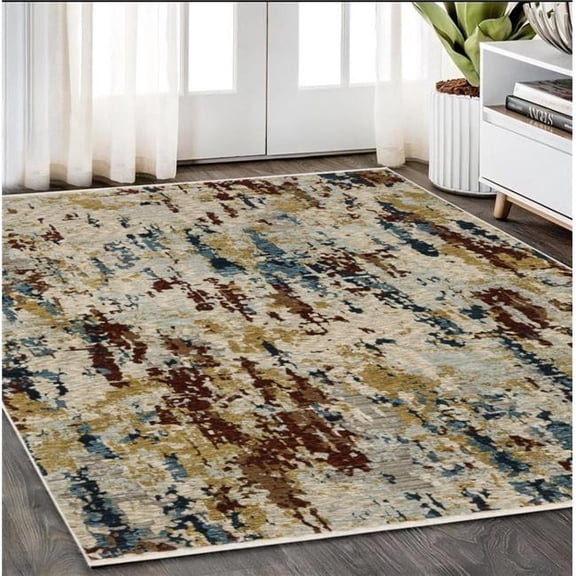 HomeRoots 575029 5 x 8 ft. Abstract Distressed Rectangle Area Rug with Fringe, Beige, Rust & Light Blue