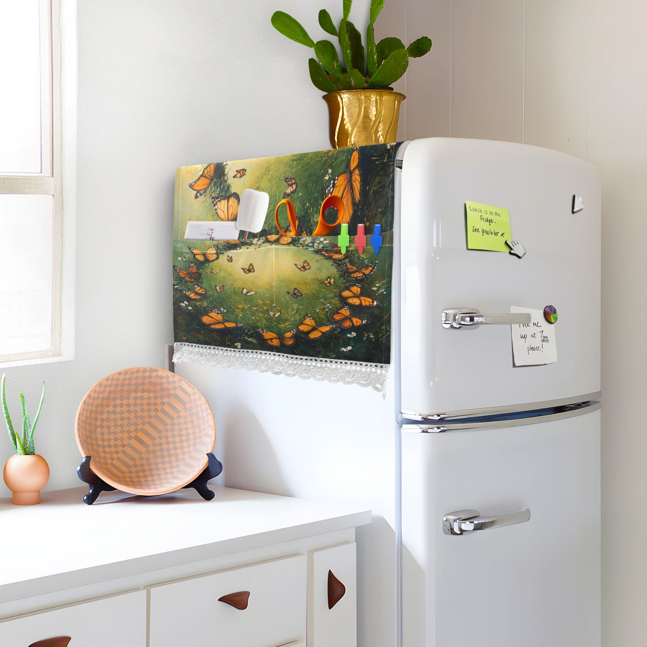 Orange and Black ButterflyWasher and Dryer Covers Dust-Proof and Oil Resistant Fridge Cover with 4 Storage Pockets Washing Machine Top Cover for Laundry Kitchen Home 51.2 x 22 In