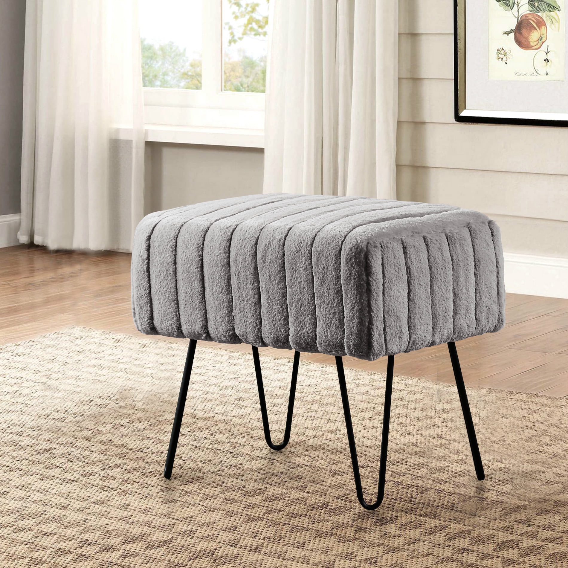 Super Mink Faux Fur Ottoman Bench, 19" x 13" x 17" H & 46" x 16" x 25