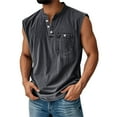 thumbnail image 2 of Sleeveless Shirts for Men, Men's Vintage Washed and Distressed Cotton Button-Down Stand Collar Pocket Henley Shirts with Pocket Dark Gray XL, 2 of 4
