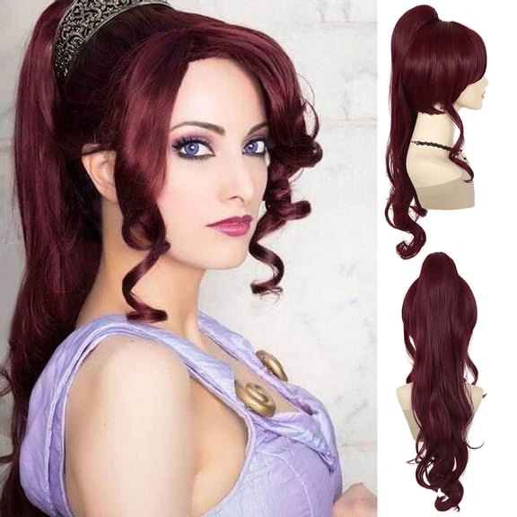 Wine Red Wigs for Women with Long Ponytail Megara Wig with Bangs in Synthetic Hair Burgundy Curly Wave Hairstyles