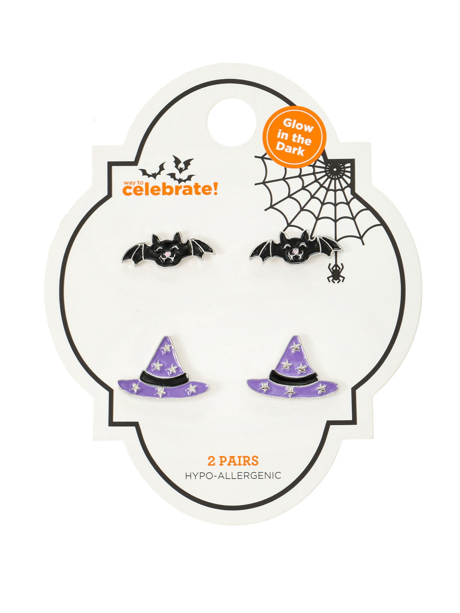Way to Celebrate Bat & Witch Hat Halloween Stud Earrings, 2 Pairs