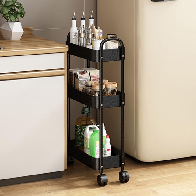 Carrito de Almacenamiento Metal con 4 Niveles, Carrito Organizador Delgado en Ruedas con Cerradura y Asas, Carro de Utilidad Móvil, Carro Auxiliar para Cocina, Sala, Baño, Oficina, Negro