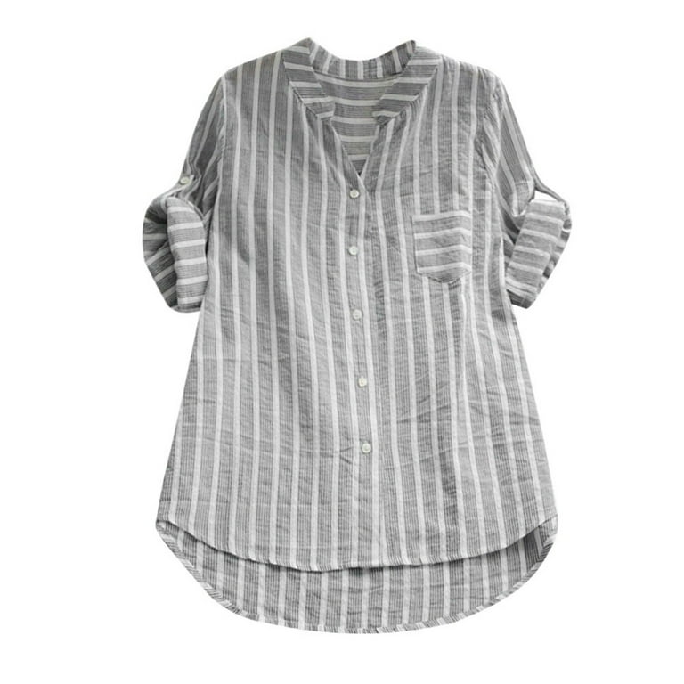 ASDYO Women Oversized Button Down Striped Shirt V Neck Long