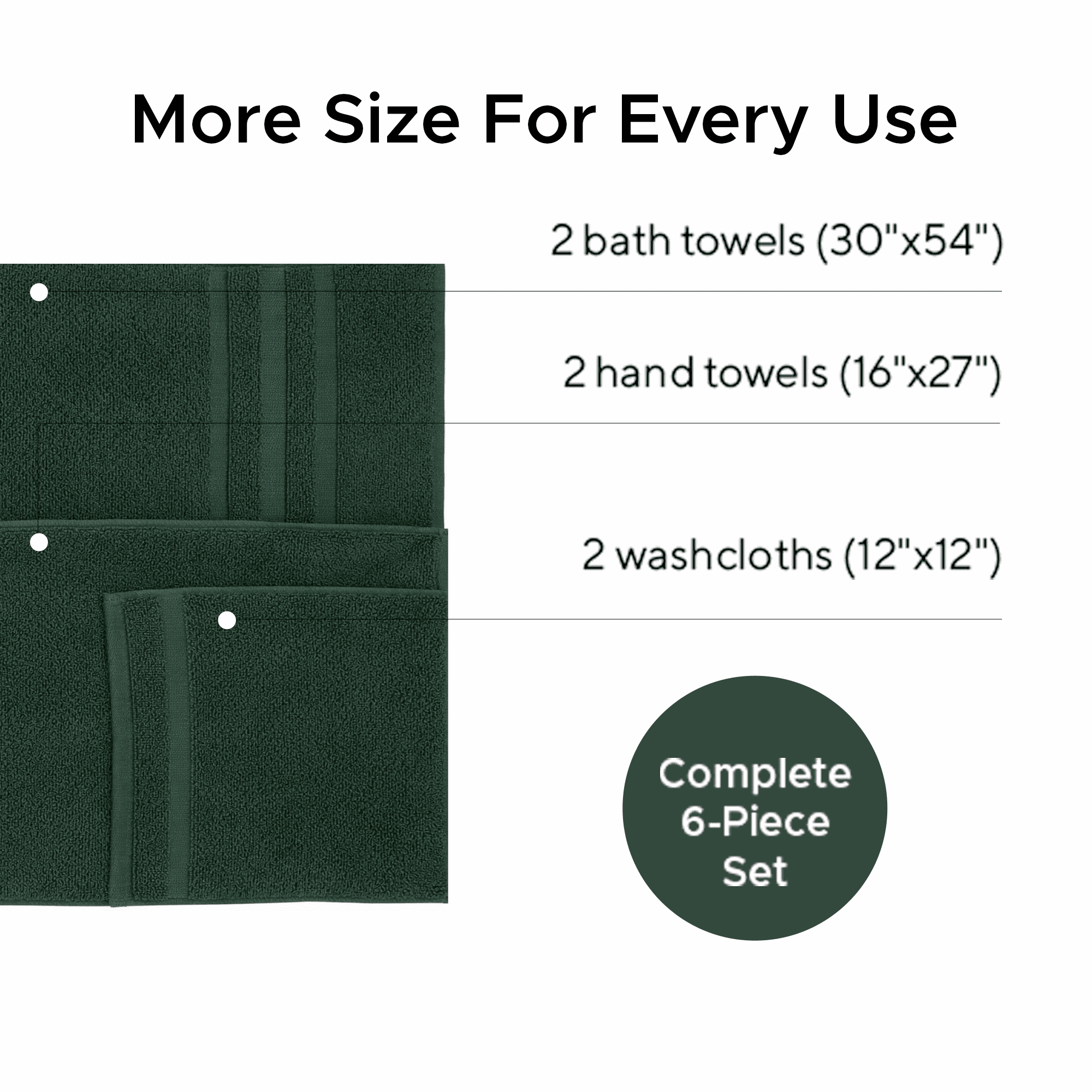 Veteran Textile Towels - 6 Pieces-100% Turkish Cotton - Luxury Towel Set for Bathroom & Kitchen, 2 Bath Towels, 2 Hand Towels & 2 WashCloths ( Valued $79.99 ) (Dark Green )