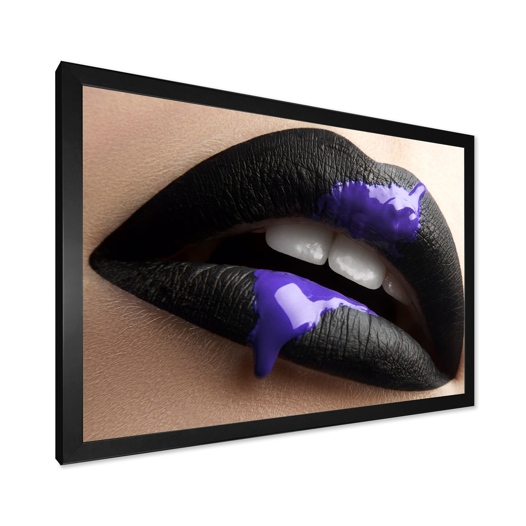 Designart 'Woman Lips With Black Lipstick & Purple Paint' Modern Framed Art Print