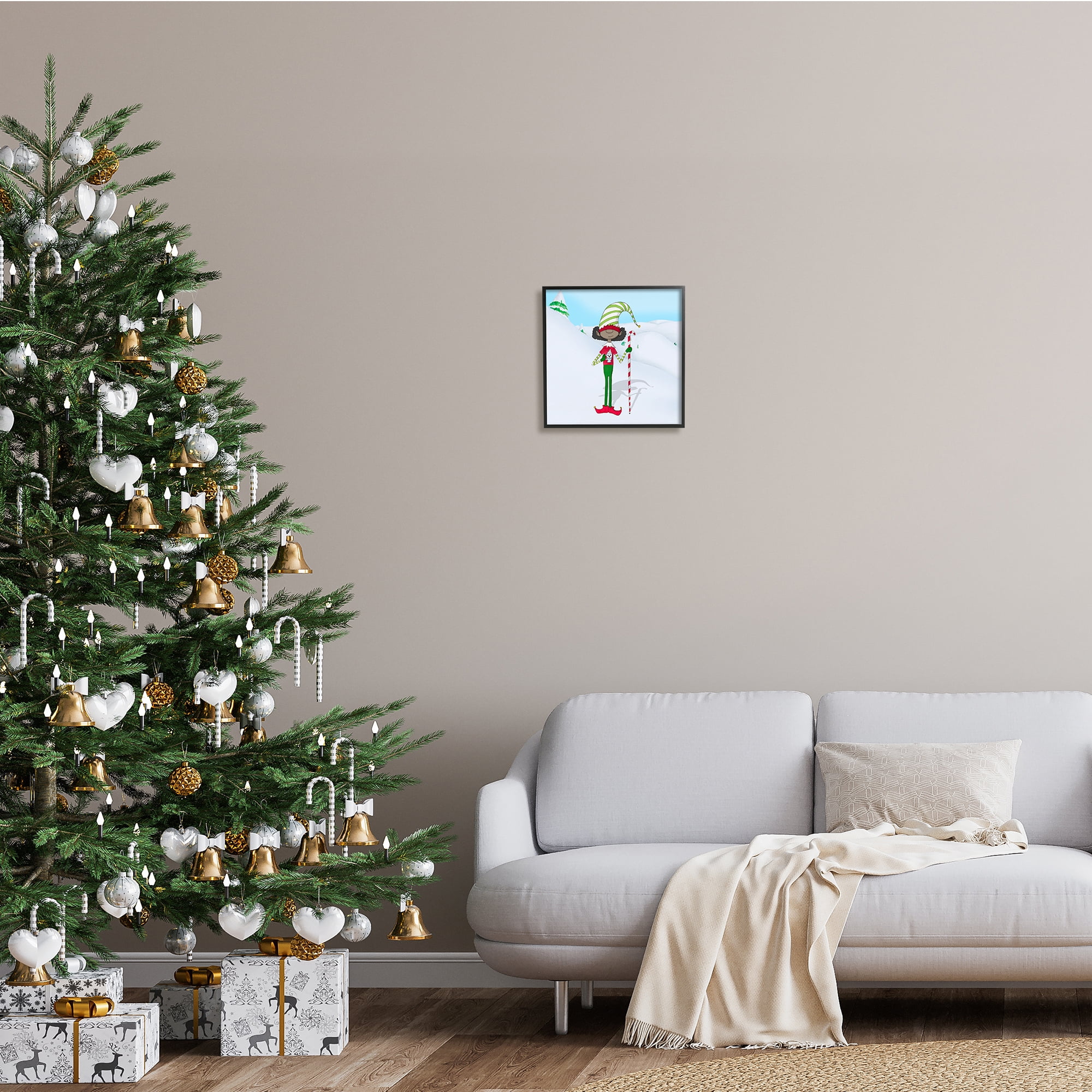 Holiday Elf with Hot Cocoa Snowy Winter Scene 12 in x 12 in Framed Painting Art Prints, by Stupell Home Décor