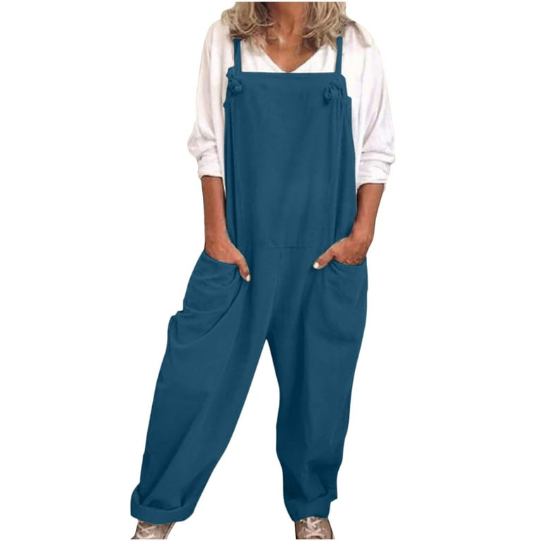 Womens Bib Overalls Casual Loose Sleeveless Dungarees Romper Adjustable  Straps Wide Leg Outfits with Pockets Baggy Playsuit Solid Color Cotton And  Linen Jumpsuit 