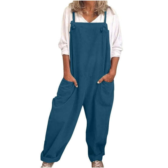 Ecqkame Cotton Linen Overall Jumpsuitfor Women Casual Overalls Loose Dungarees Romper Baggy Playsuit Cotton And Linen Jumpsuit Blue XXXXL Items