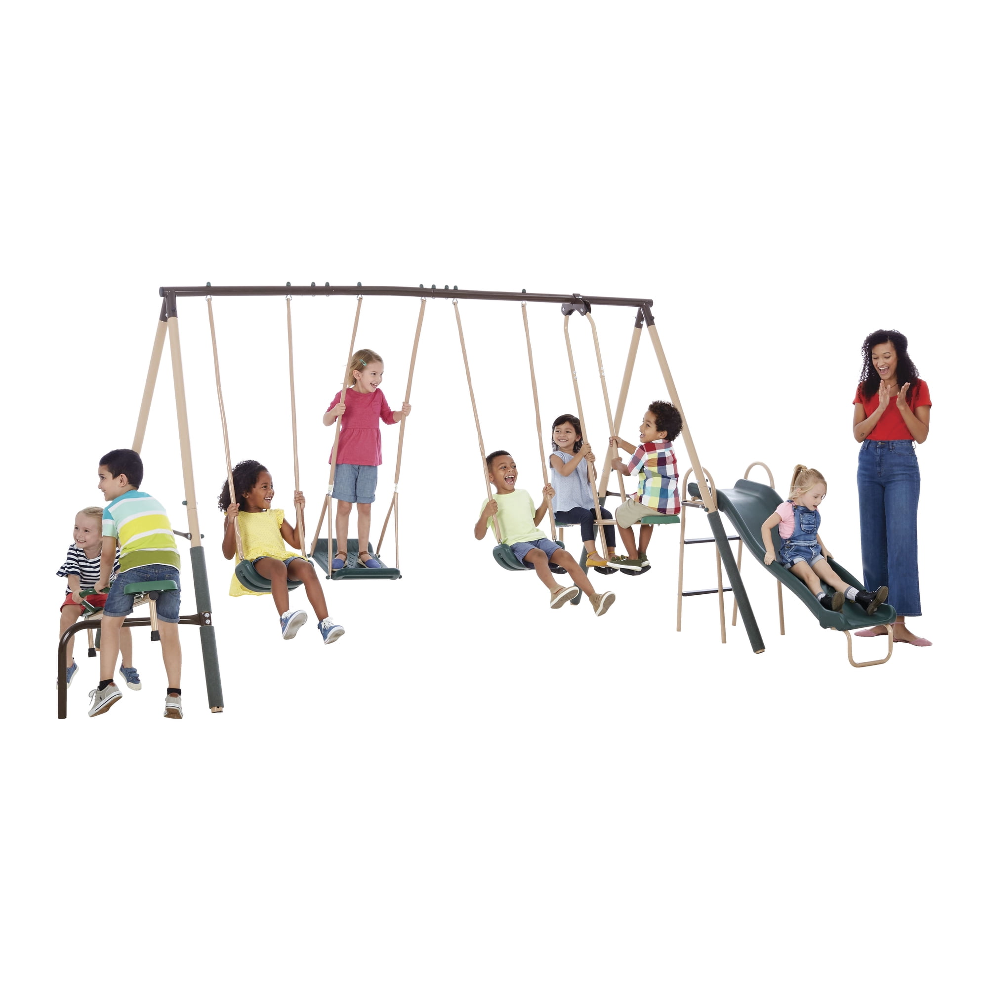 Crestview Swing Set by XDP Recreation with 2 Swing Seats, Stand R Swing, Wave Slide, Fun Glider, & See Saw