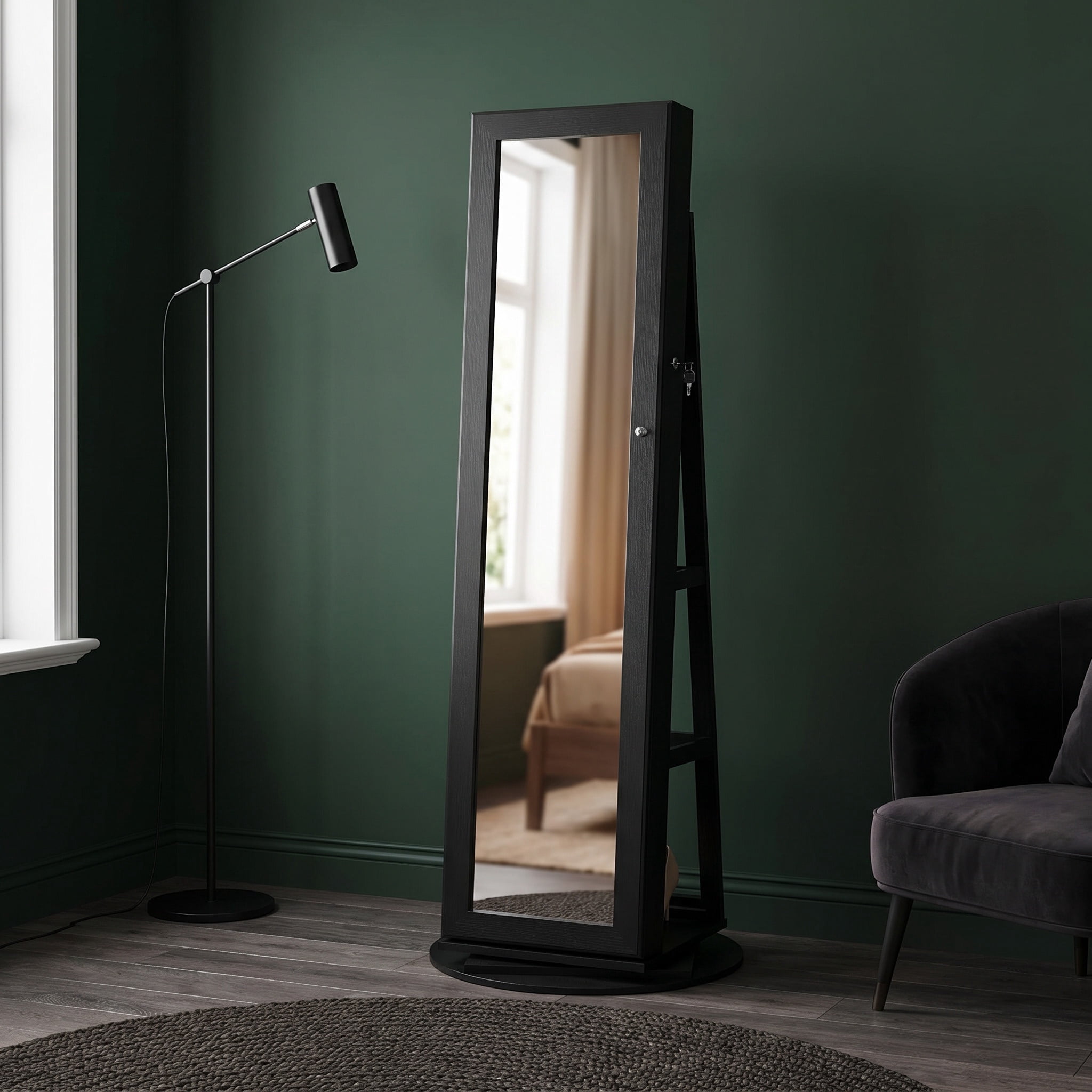 Nordic Hygge 360° Swivel Lockable Jewelry Cabinet with Full-Length Mirror & Rear Storage – Black