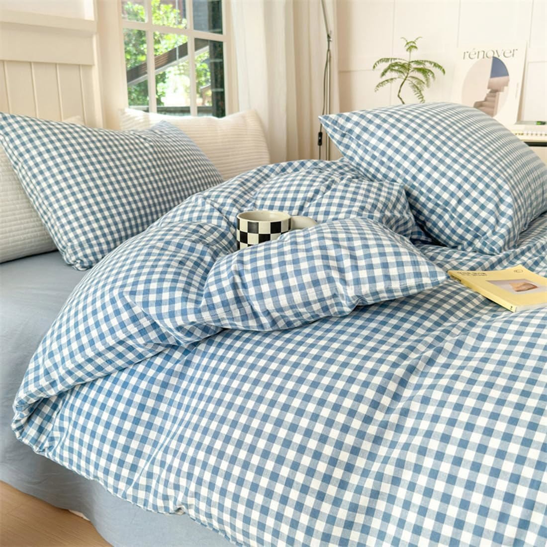 3 Pieces Blue Gingham Duvet Cover 100% Washed Cotton Plaid Checkered Full Duvet Cover Set Modern Grid Bedding Set with Zipper Closure Corner Ties