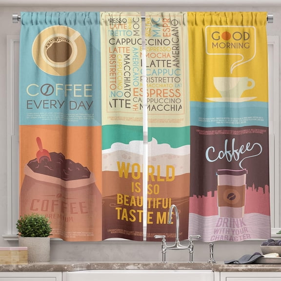 Coffee Kitchen Curtains, Group of Coffee Themed Artworks with Typography Vintage Ornament Print, Window Drapes 2 Panel Set for Kitchen Cafe Decor, 55" X 39", Yellow Brown