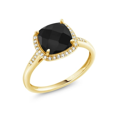 2.11 Ct Cushion Checkerboard Black Onyx 10K Yellow Gold Ring