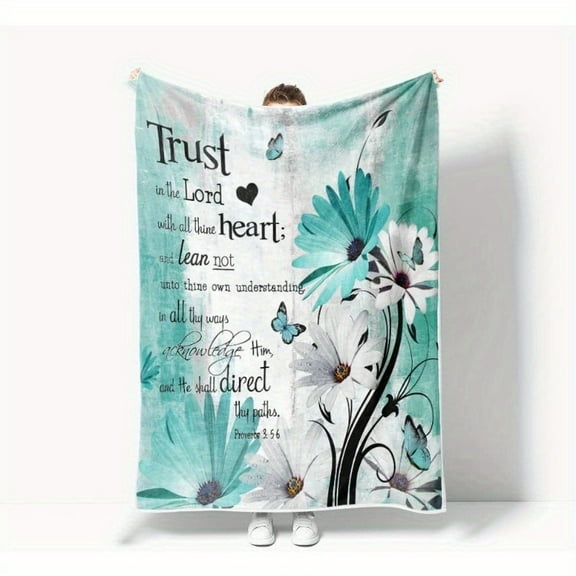 Rustic Farmhouse Teal Daisy & Butterfly Fleece Throw Blanket with Inspirational Bible Verse – Soft, Warm, Anti-Pilling Flannel for Couch or Bed