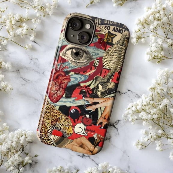 Surreal Vintage Collage Phone Case, Leopard Eye Skeleton Heart Art Cover for iPhone 17 16 15 14 13 12 11 Pro Plus Mini