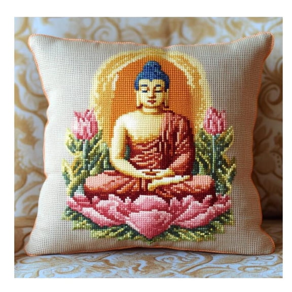 Needlepoint Pillow Kit, Buddha Statues Stamped Cross Stitch Pillow Kits Embroidery Pillowcase 11CT Counted Needlepoint Handmade Cushion Cover for Home Decor 17x17inch