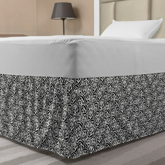 Rose Bed Skirt, Romantic Flower Bouquet in Ink Pattern Repetition Monochrome Modern Design, Elastic Bedskirt Dust Ruffle Wrap Around for Bedding Decor, 4 Sizes, Charcoal Grey White, by Ambesonne