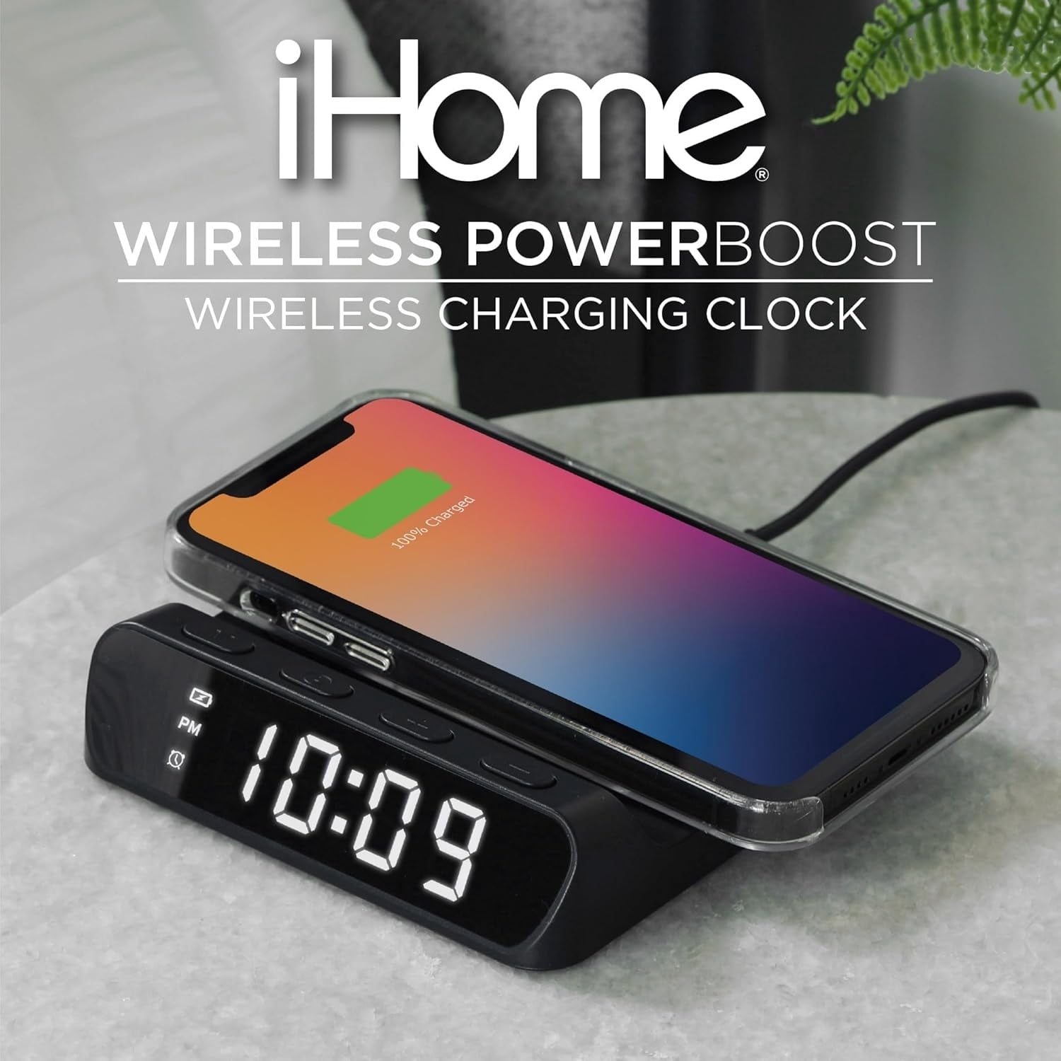 Open Box iHome iW14 Alarm Clock with Wireless Charger for iPhone, Android, and More - Black IW14B.EXV24