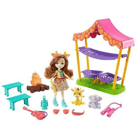 Mattel Enchantimals Savannah Sleepover Playset with Griselda Giraffe Doll (6-in), 2 Animal Friends, Tent, and 10 Accessories, Sunny Savanna Collection, Great Gift for Kids Ages 3Y 