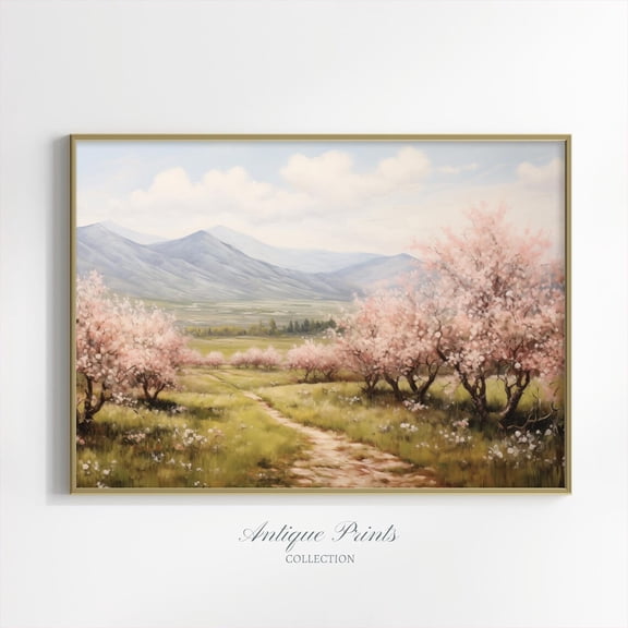 Floral Landscape Wall Art, Cherry Blossom Print, Neutral Spring Country Wall Art, Countryside, Home Decor #688, 8x12 UNFRAMED