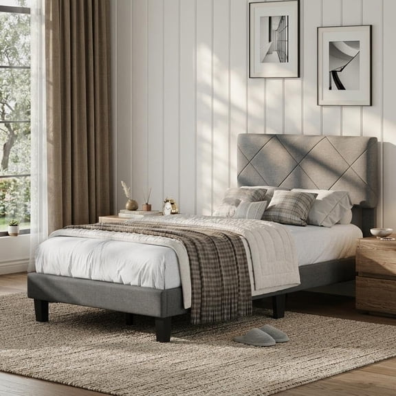 Twin Size Bed Frame with Diamond Tufted Headboard, Upholstered Platform Bed and Wooden Slat Support, Noise-Free, No Box Spring Needed, Easy Assembly, Dark Grey